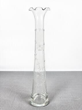 Vintage Etched Clear Glass Bud Vase 10 Inch Ruffled Flared Rim Floral Design